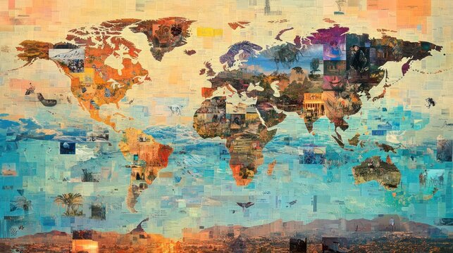World map collage of diverse travel images.