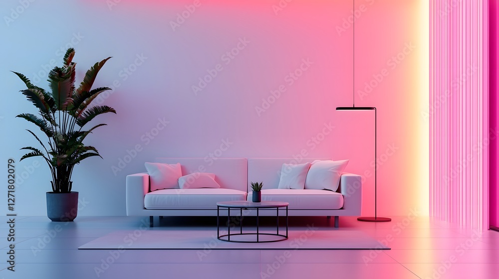 Poster holographic interior design visualization with floating 3d furniture models in bright and minimal fu