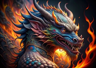 Dragon Tattoo Design: Intricate Scales & Fiery Breath, High-Resolution Stock Photo