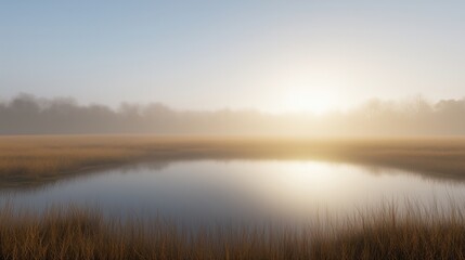 Obraz premium A serene landscape featuring a calm pond surrounded by tall grass at sunrise.