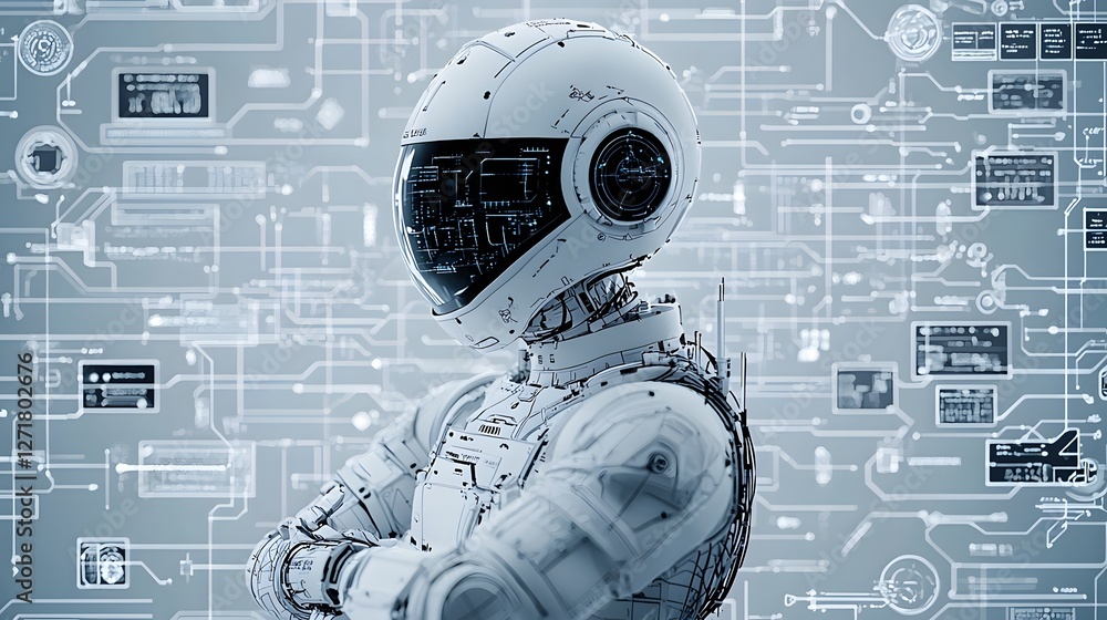 Poster holographic robotic engineering schematic showcasing a futuristic high tech environment with floatin