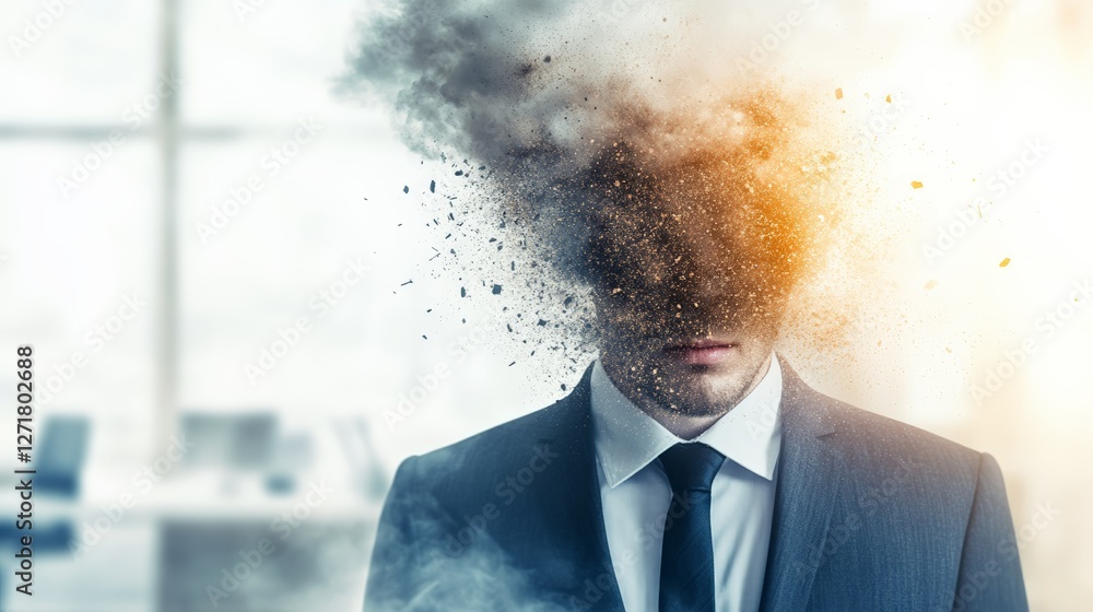 Poster businessman exploding head is suffering from information overload and stress in office, concept of s