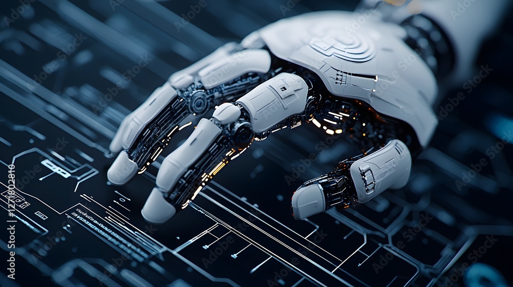 Poster holographic robotic engineering schematic with high tech floating design elements and ultra clear bl
