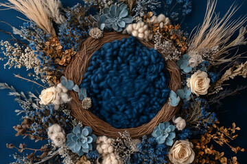Photography setup with an empty fluffy Moses basket and blue flowers designed for newborn portraits