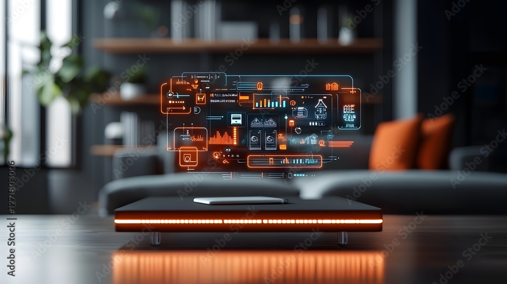 Poster holographic smart home control panel featuring a floating digital interface with futuristic icons an