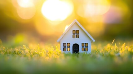 A miniature white house stands on lush green grass, illuminated by a warm golden sunset, evoking feelings of peace and serenity.
