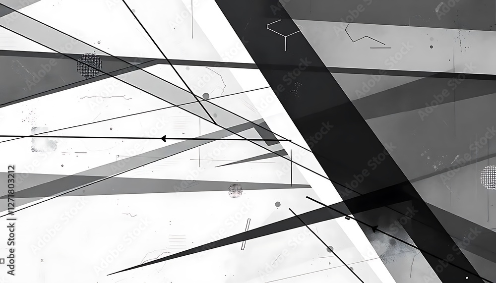Poster abstract geometric painting in shades of gray and black, featuring intersecting lines and planes cre