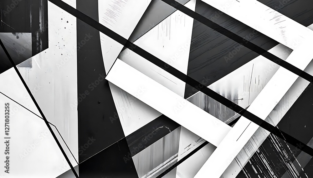 Poster abstract geometric painting in shades of gray and black, featuring intersecting lines and planes cre