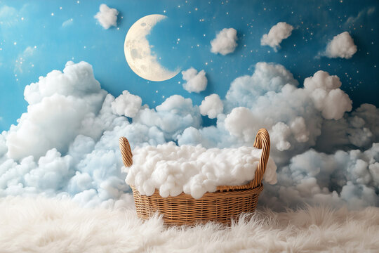 Photography setup with an empty Moses basket with fur rug with clouds and a moon above, designed for newborn portraits