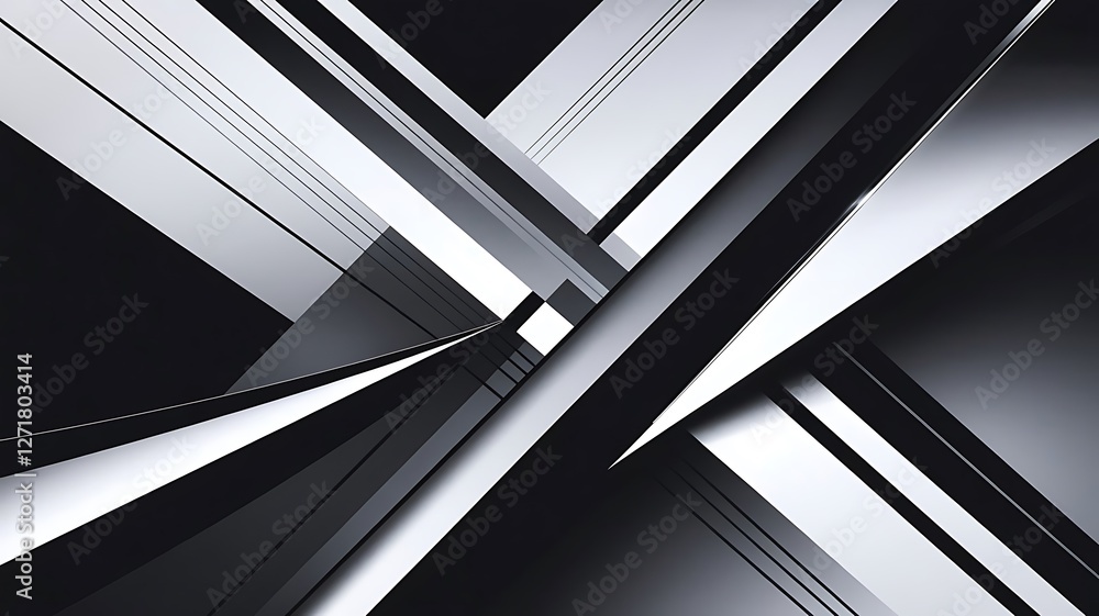 Poster abstract geometric painting in shades of gray and black, featuring intersecting lines and planes cre