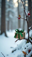 Snowy forest with a small wrapped gift tied with green ribbon on a bare tree branch, holly, twig