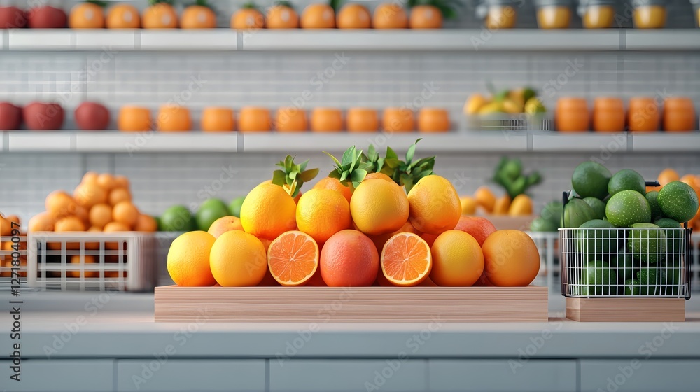 Poster hyper detailed holographic fruit and produce display in a clean modern store environment creating an