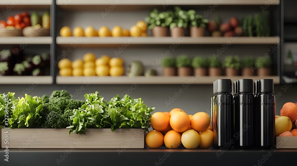 Poster hyper detailed holographic fruit and produce display showcasing a futuristic interactive shopping ex