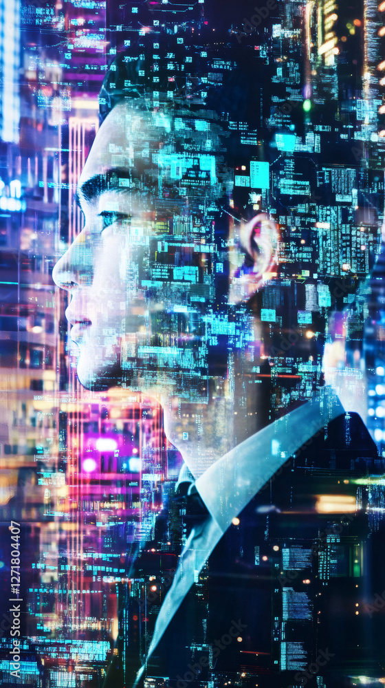 Poster Businessman imagining digital code and futuristic cityscape, concept of artificial intelligence and big data