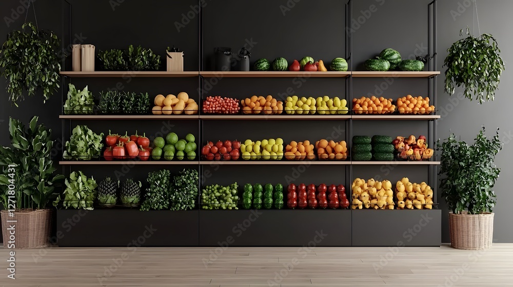 Poster hyper detailed holographic fruit and vegetable display with floating produce creating an immersive a
