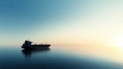 Obraz premium A solitary cargo ship is anchored at sea under a vast, clear sky, bisected by a subtle horizon line