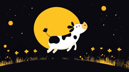 Fototapeta premium A cartoon-styled black and white cow with large black spots is depicted in mid-stride against a dark night background with a large yellow full moon, small yellow stars, and faint yellow floral silhoue