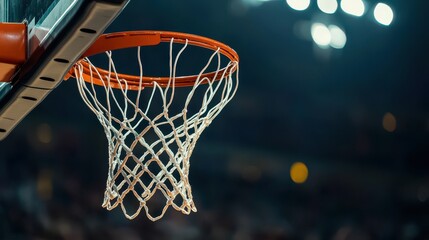 Detailed view of a basketball hoop net illuminated in a dynamic indoor sports environment, showcasing the energy and excitement of the game.