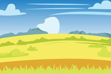 Obraz premium Beautiful landscape vector illustration of mountains, forests, fields and meadows. Stunning panoramic farm landscape with mountains in the background. Natural landscape