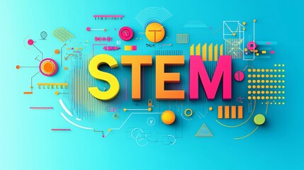 colorful illustration of the word "STEM" on a bright blue background STEM, colorful design, bright blue background, educational design, technology, science, engineering, mathematics, creative 