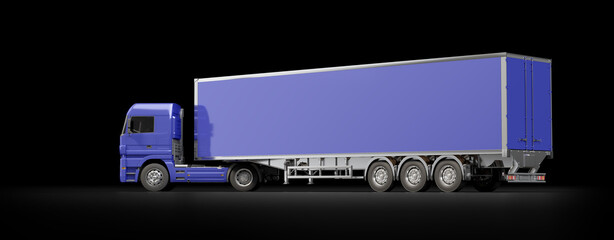 Banner with side view of a blue truck, for adding custom ads. Cargo transportation concept. Copy space. Isolated on dark background. 3d illustration.