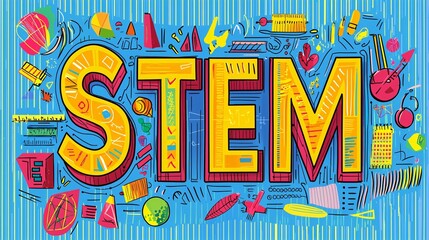 colorful illustration of the word "STEM" on a bright blue background STEM, colorful design, bright blue background, educational design, technology, science, engineering, mathematics, creative 