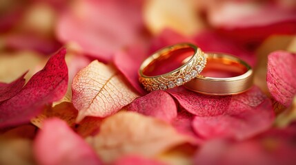 Elegant wedding rings on vibrant rose petals