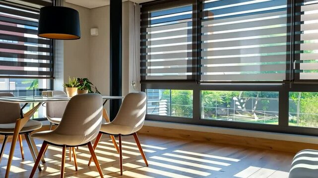 Wooden blinds on large windows, sunlight. Elegant living room interior with houseplants, wood blinds. Motorized jalousie in the smart house. Modern window shutters, roller. Duo system day and night.