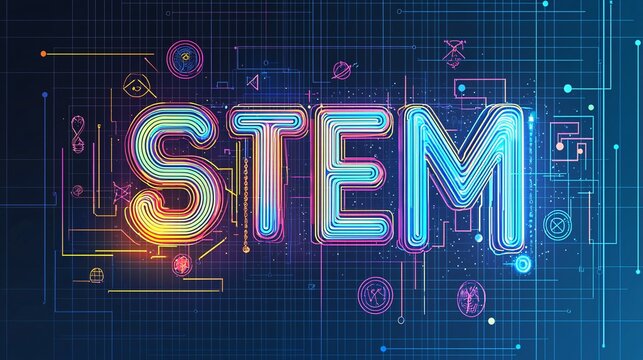 word "STEM" designed in a futuristic, neon style on a dark blue background STEM, neon typography, futuristic design, dark blue background, creative typography, bold letters, modern design, educational