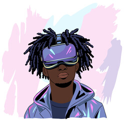 Young black man with dreadlocks is wearing a virtual reality headset. Cartoon style vector illustration