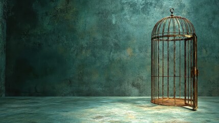 An empty vintage cage stands against a textured teal wall, evoking feelings of isolation and longing in a dimly lit space.