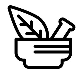 A mortar and pestle with a leaf icon representing herbal medicine, natural remedies, organic healthcare, and traditional healing practices.