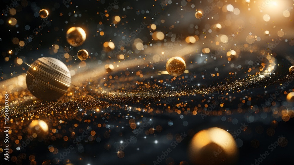 Poster cosmic panorama featuring golden planets and shimmering stars in a celestial setting