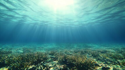 Fototapeta premium Sunlit Underwater Seascape: Blue Green Ocean Floor with Light Rays