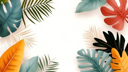 Colorful tropical leaves frame on white background