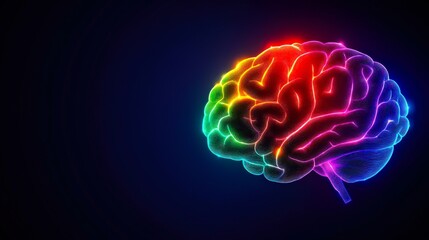 A vibrant, neon-lit brain graphic on a dark background, showcasing neural connections, Ideal for projects related to neuroscience, education, mental health, or technology innovations,