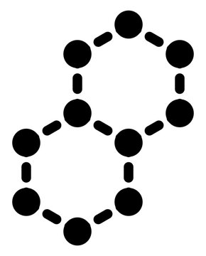 A black and white icon depicting a molecular structure symbolizing chemical compounds found in herbs natural extracts and plant-based ingredients.