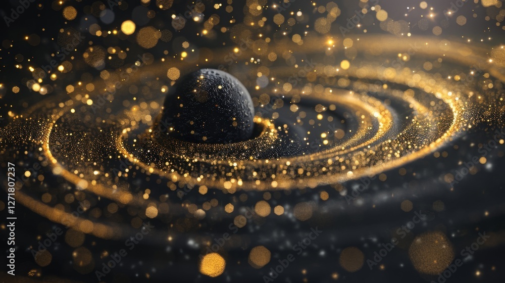 Poster golden waves spiral around a central sphere creating a mesmerizing cosmic effect in a dark space env