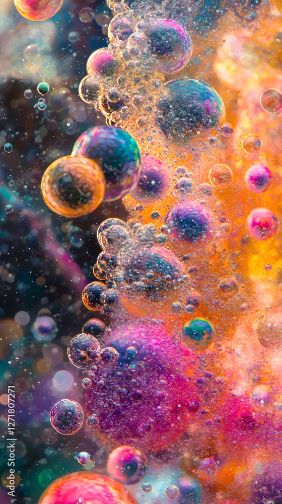 Aufkleber Multicolored soap bubbles drifting, overlapping, generating luminous abstract pattern suggesting cosmic spatial texture