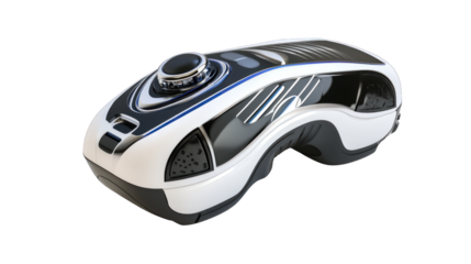 A futuristic looking remote control with a blue and white design