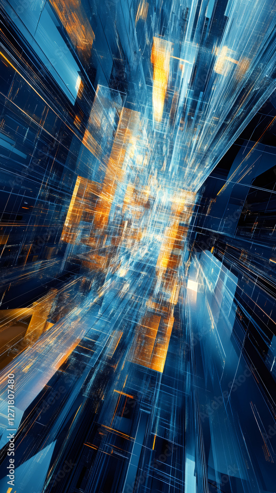 Poster Fractal art generating an abstract background representing cyberspace infrastructure exploding with energy and light