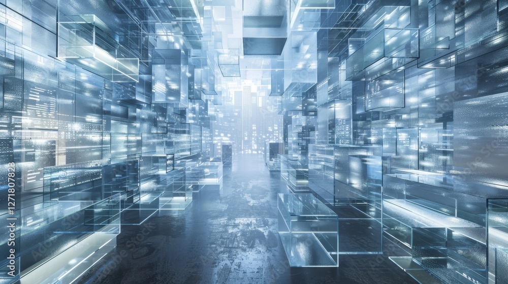 Poster exploring a futuristic glass corridor filled with illuminated rectangles under soft light