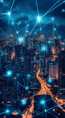 Obraz premium Futuristic network connecting Hong Kong skyscrapers at night, concept of smart city and internet of things