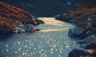 Mountain stream, sunset, sparkling water, nature scene, background for tranquility