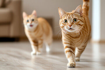 Curious orange cats walking on wooden floor, exploring their surroundings. Their expressions show surprise and interest in environment