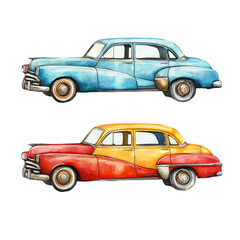 Vintage cars watercolor art nostalgic design classic automobiles blue red yellow paint nostalgic vibe