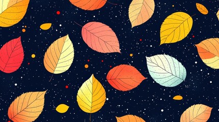 Colorful leaves falling against a dark starry background, autumn vibes.