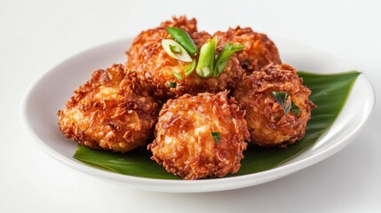 Breaded fried chicken. Crispy fried chicken. Several pieces of crunchy fried chicken on a white plate. Isolated on white background. Perfect for design elements, catalogues, or any commercial purposes