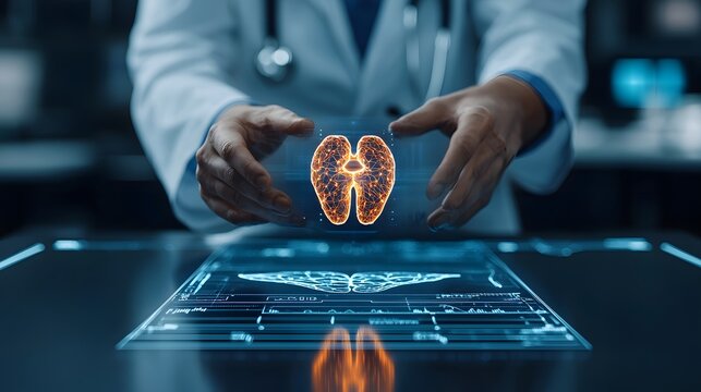 Interactive holographic medical analysis with floating 3D anatomical scan showcasing ultra precise digital diagnostics in a futuristic clinical setting