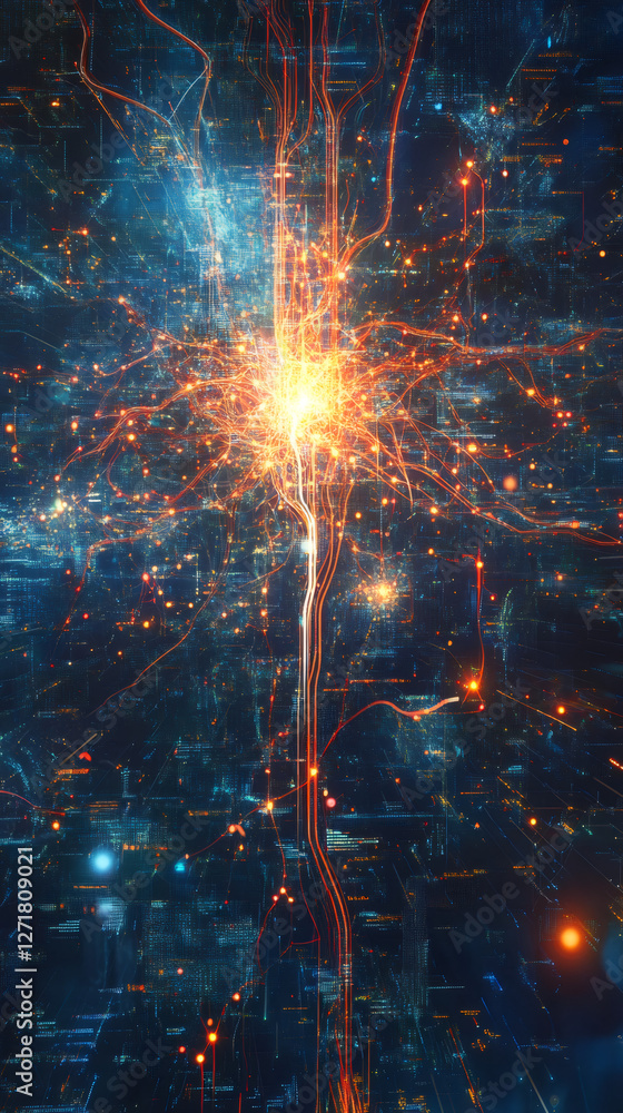 Aufkleber Luminous digital network pulsing with interconnected nodes, representing technological connectivity and AI-driven data transmission